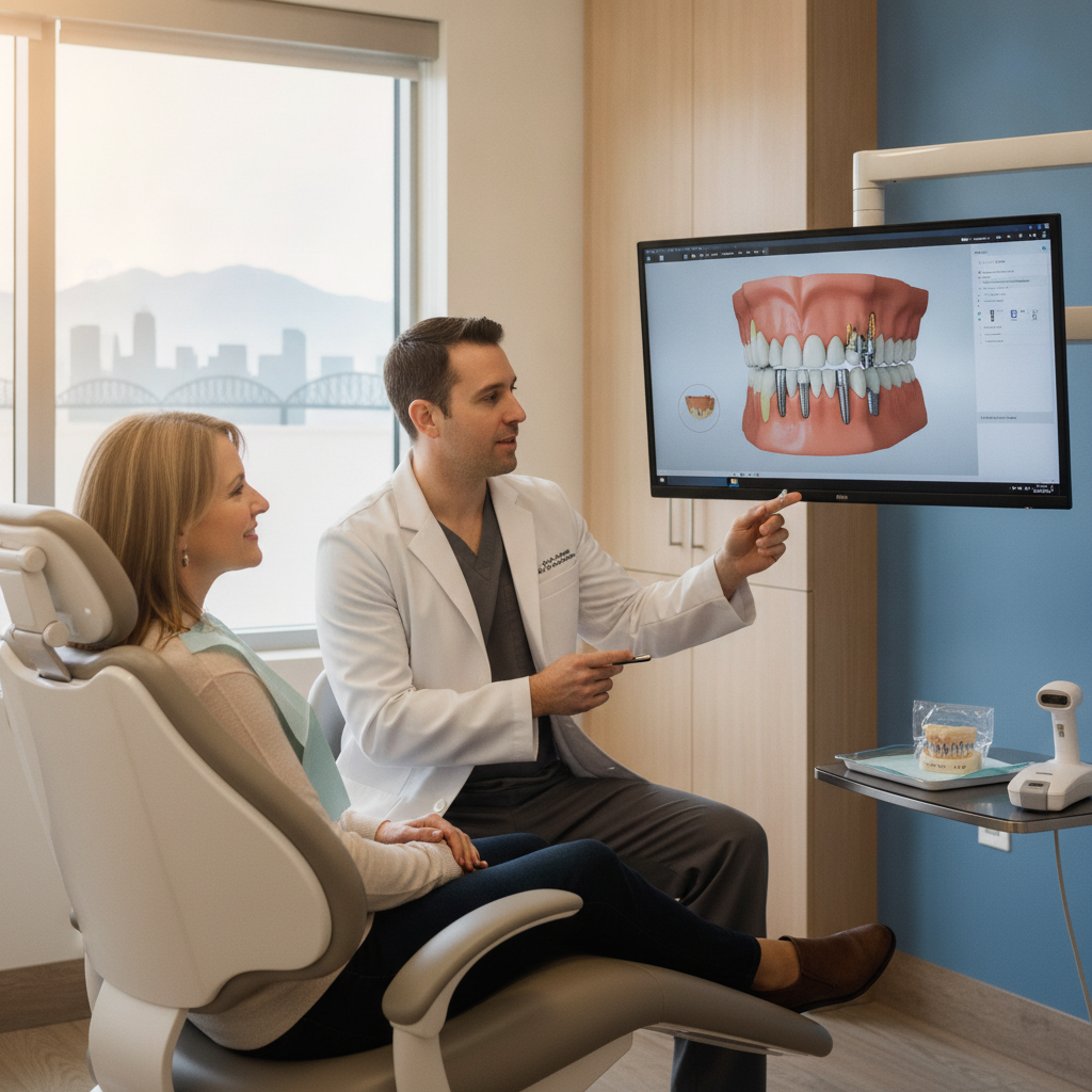 Dentist consulting with a patient about dental implants at a modern dental office.