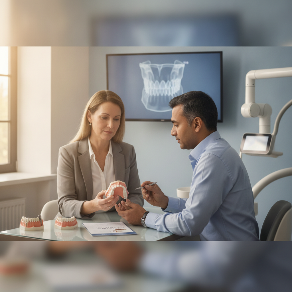 Patient discussing dental implants and dentures with a dentist in a modern clinic.