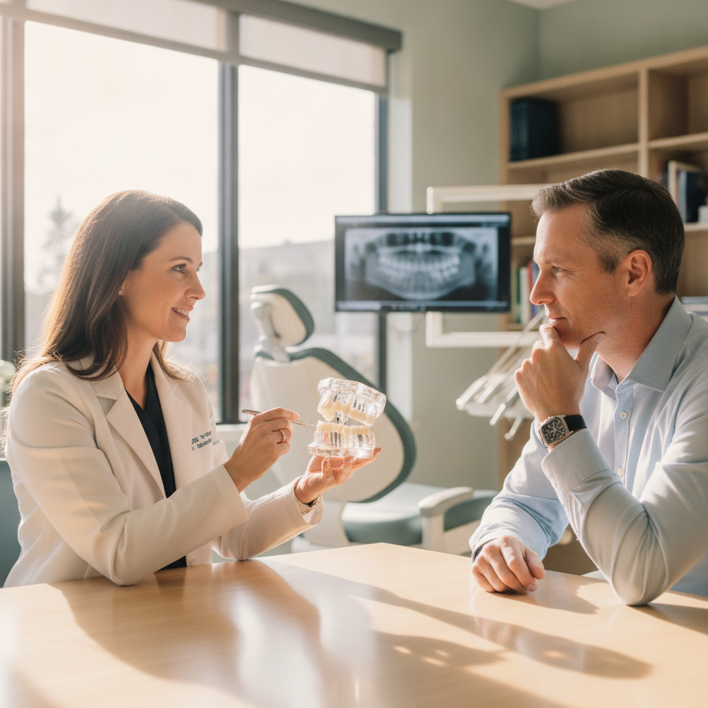 Dentist explaining types of dental implants to a patient in a consultation.