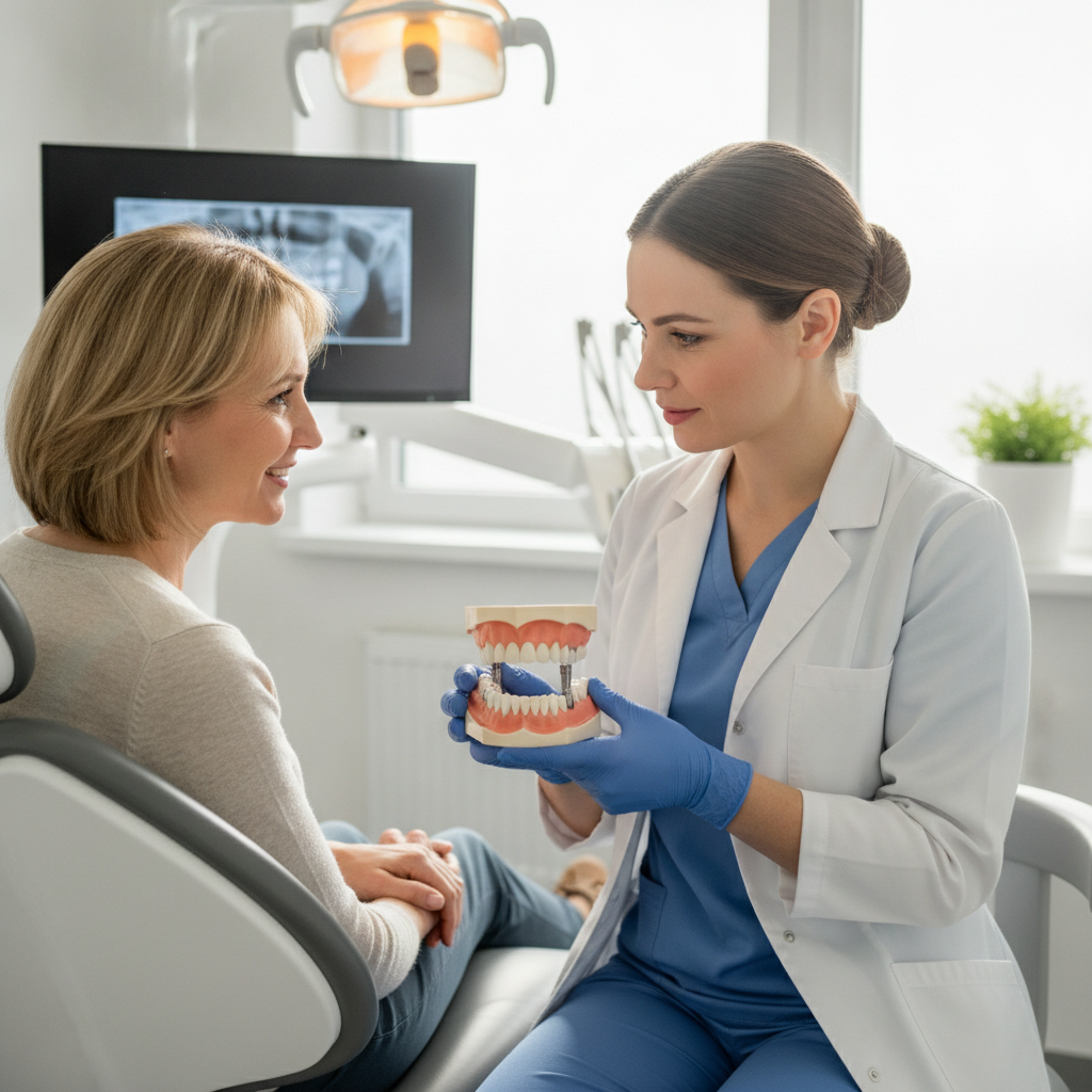 A dentist explaining the All-on-4 dental procedure to a patient in a modern clinic.