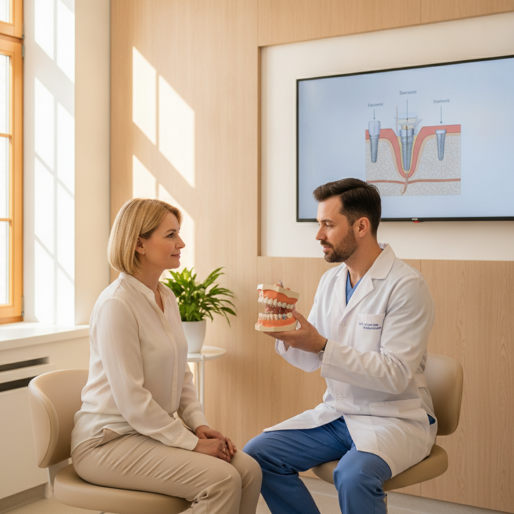 Dentist consulting with a patient about dental implants in a Portland, OR office.
