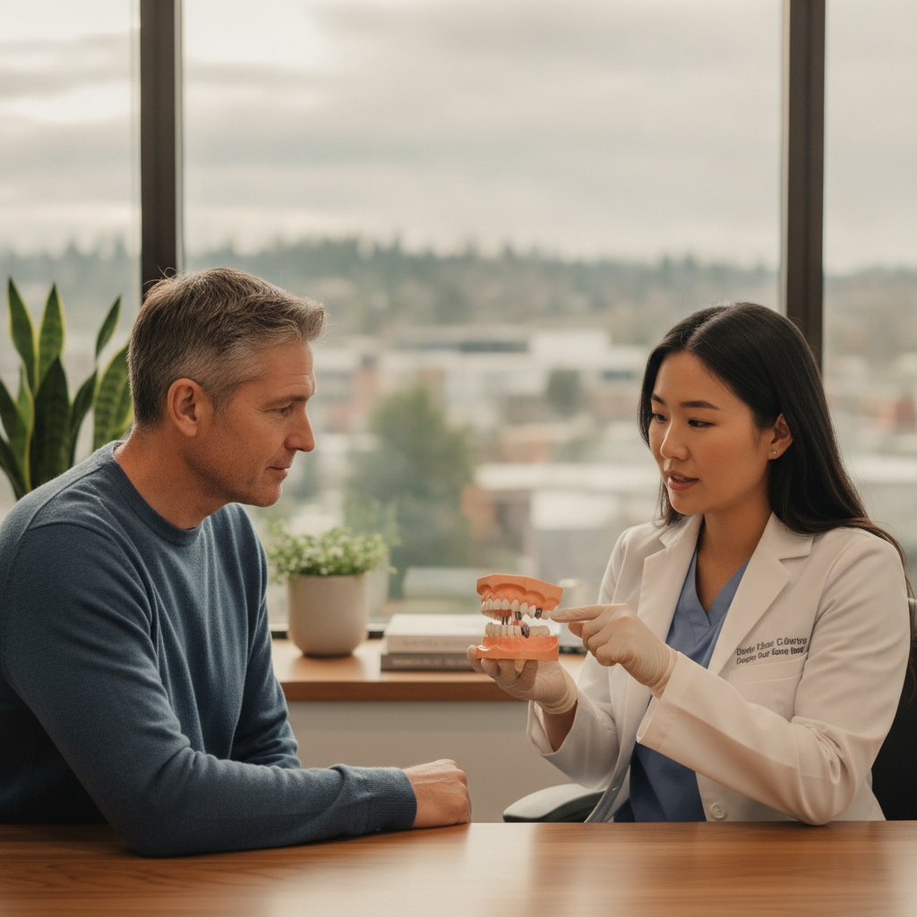 Dentist consulting with a patient about dental implants in a modern office