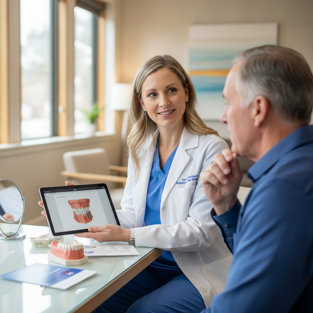 Dentist consulting with a patient about dental implants in a modern office