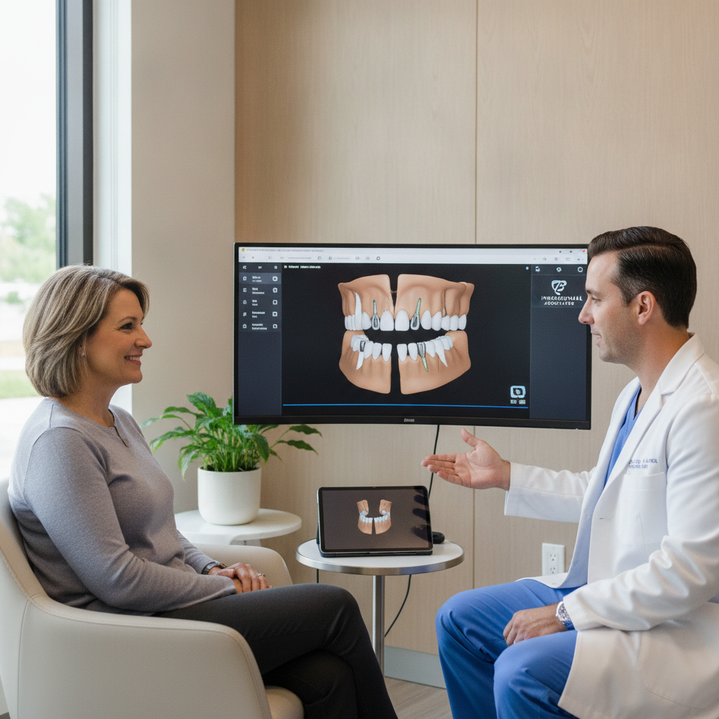 A dentist consulting with a patient about dental implants in a clean, modern office.