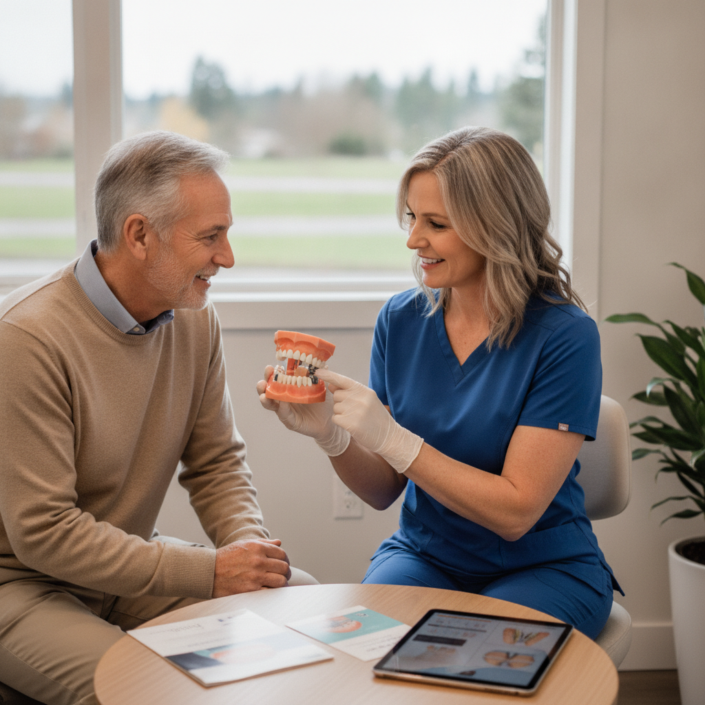 Senior receiving dental implant consultation in Beaverton dental office