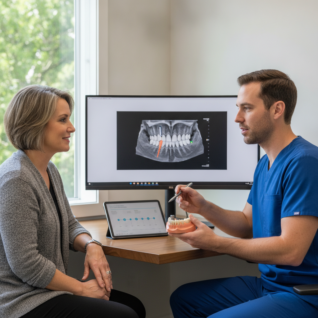 Dentist explaining dental implant procedure to a patient in a modern office