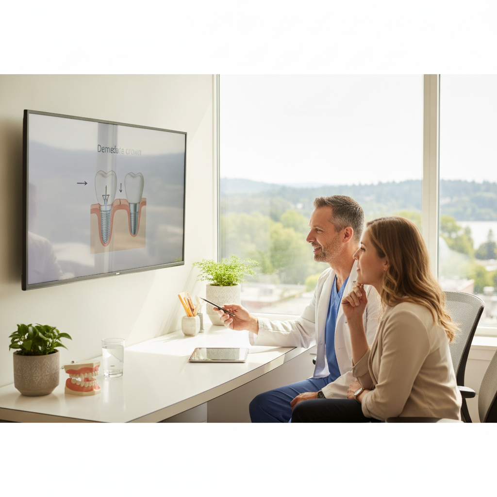 Dentist explaining same-day dental implants to patient using digital display.