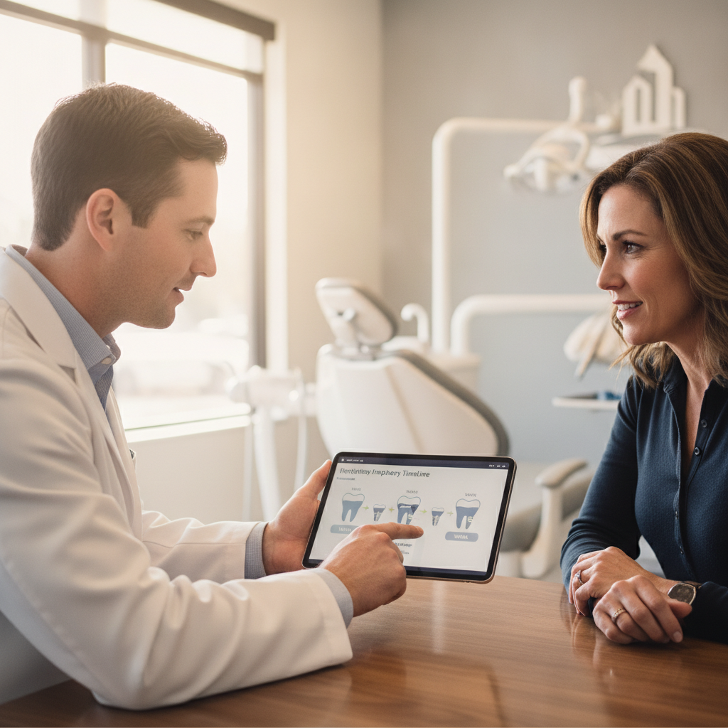 Dentist explaining dental implant recovery in a Portland clinic