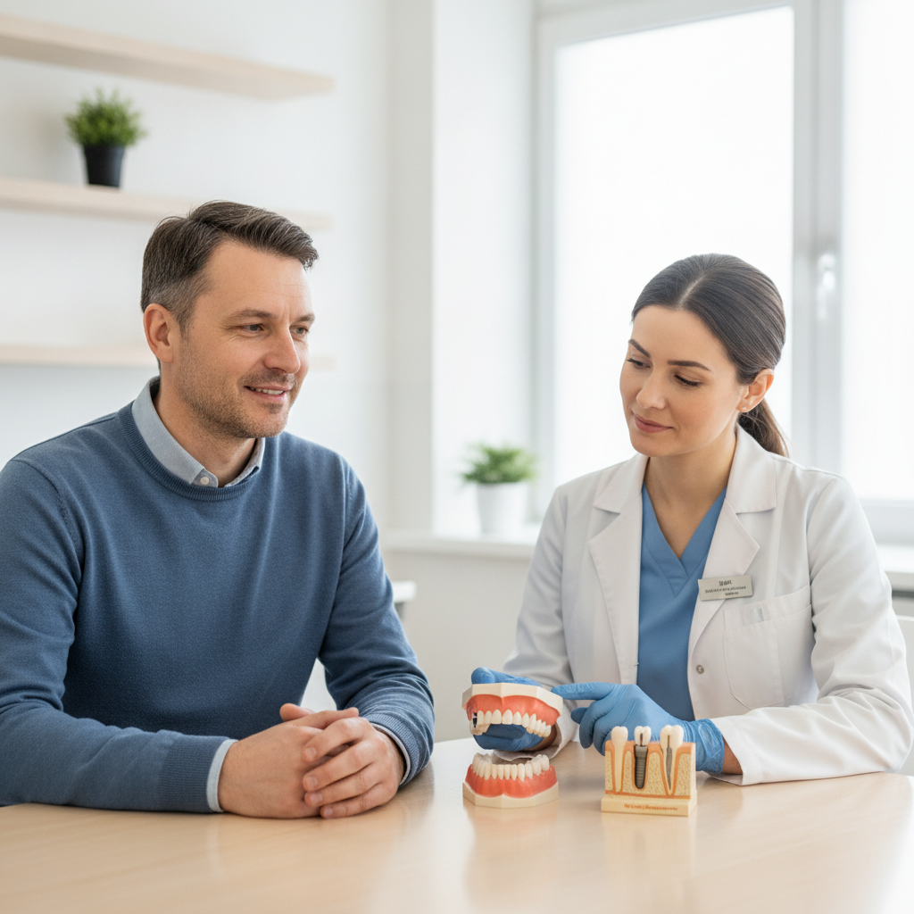 A dentist consulting with a patient about dental implants in a clinic.