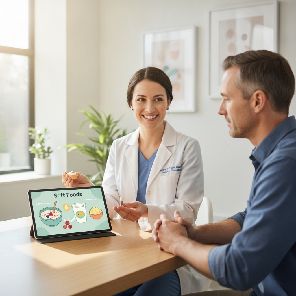 Dental implant patient consultation discussing post-surgery diet.