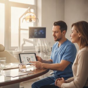 Patient discussing sedation options with a dentist in a dental office.