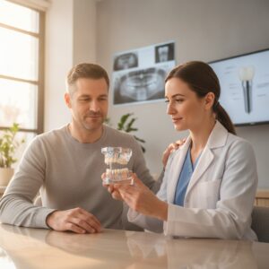 Patient discussing dental implant options with a dentist in a modern office
