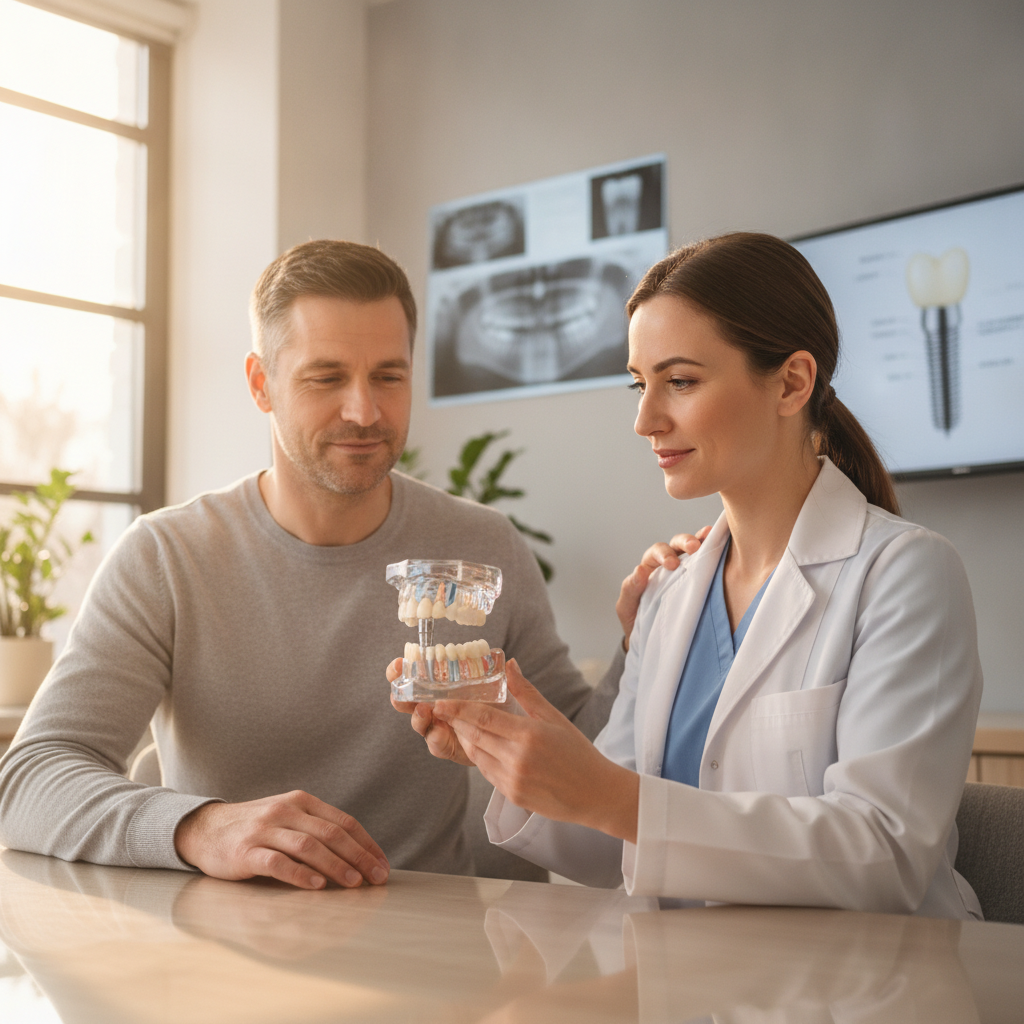 Patient discussing dental implant options with a dentist in a modern office