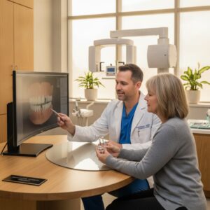 Dentist talking with patient about dental implants in a clinic