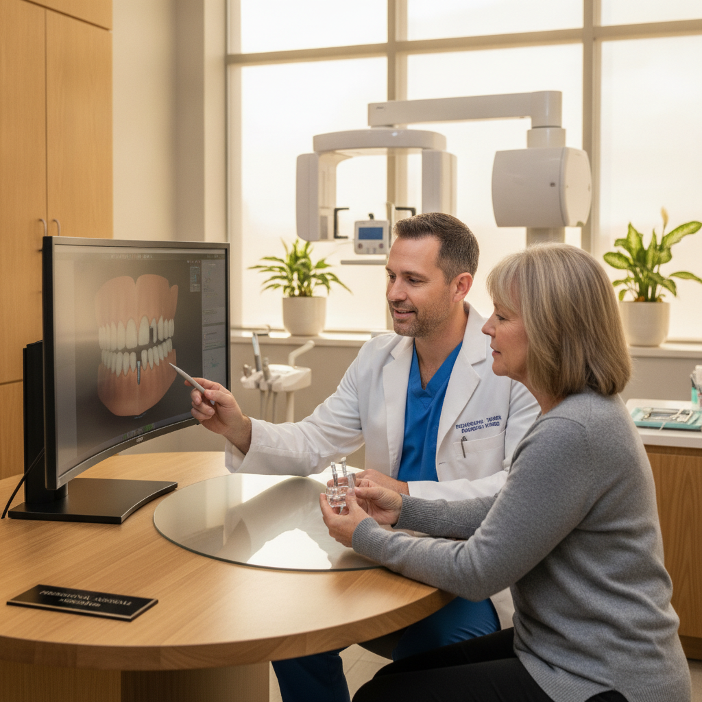 Dentist talking with patient about dental implants in a clinic